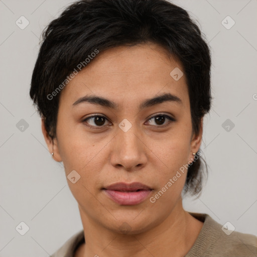 Neutral asian young-adult female with short  brown hair and brown eyes