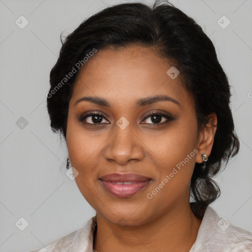 Joyful black young-adult female with medium  brown hair and brown eyes