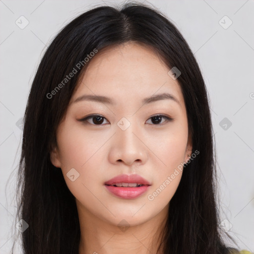 Neutral asian young-adult female with long  brown hair and brown eyes