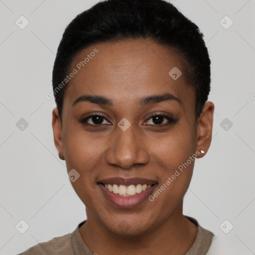 Joyful latino young-adult female with short  black hair and brown eyes