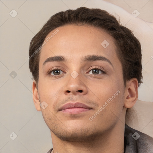 Neutral white young-adult male with short  brown hair and brown eyes