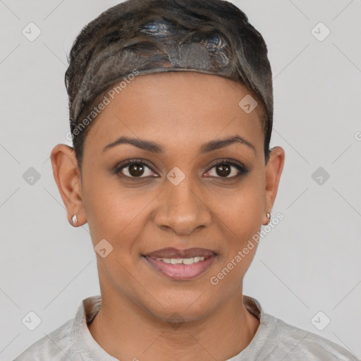 Joyful latino young-adult female with short  brown hair and brown eyes