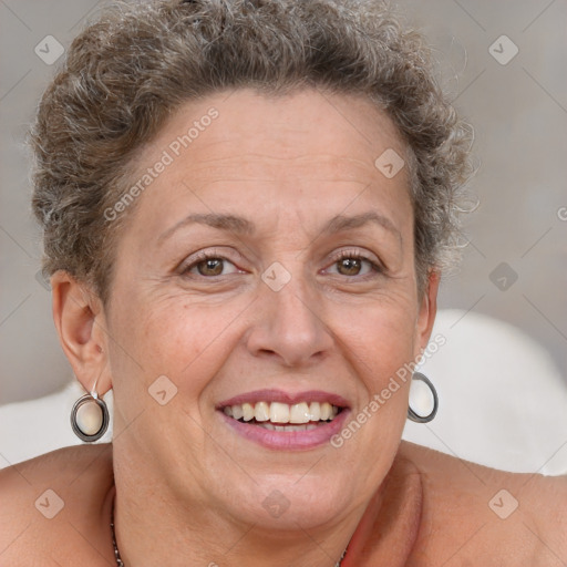 Joyful white adult female with short  brown hair and brown eyes