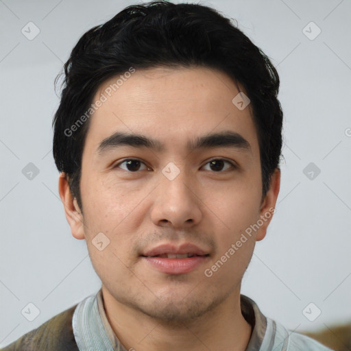 Neutral asian young-adult male with short  black hair and brown eyes