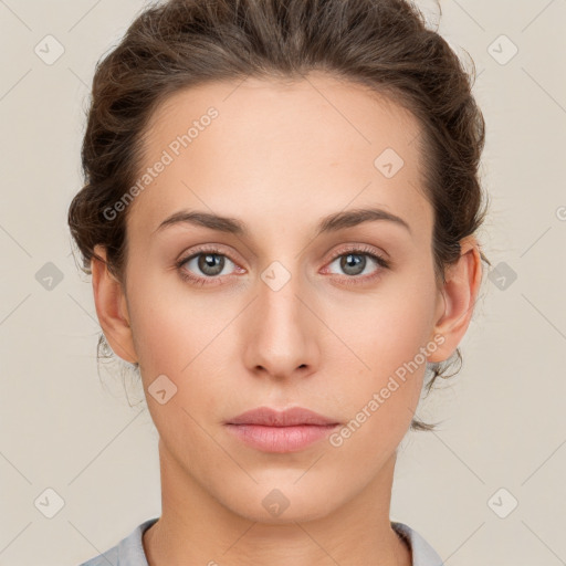 Neutral white young-adult female with medium  brown hair and grey eyes