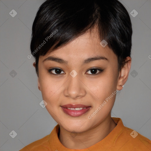 Joyful asian young-adult female with short  brown hair and brown eyes