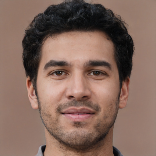 Neutral white young-adult male with short  black hair and brown eyes