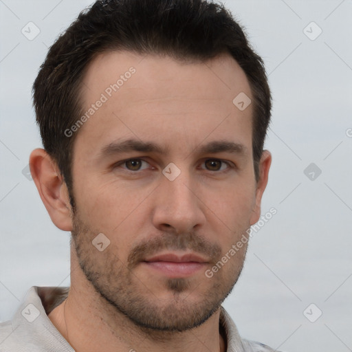 Neutral white young-adult male with short  brown hair and brown eyes