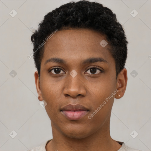 Neutral black young-adult male with short  black hair and brown eyes