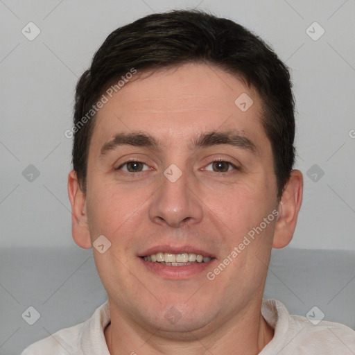 Joyful white young-adult male with short  brown hair and brown eyes