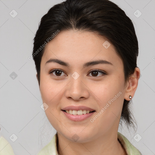 Joyful white young-adult female with medium  brown hair and brown eyes