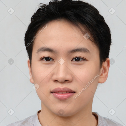 Joyful asian young-adult female with short  brown hair and brown eyes