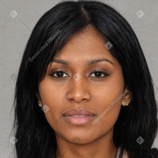 Joyful asian young-adult female with long  black hair and brown eyes