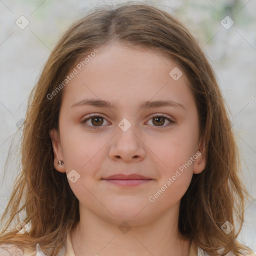 Joyful white child female with medium  brown hair and brown eyes