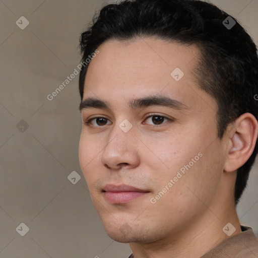 Neutral white young-adult male with short  black hair and brown eyes