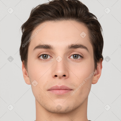 Neutral white young-adult male with short  brown hair and brown eyes