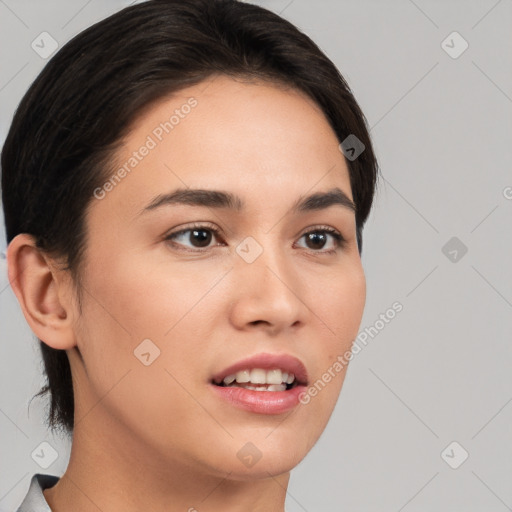 Joyful white young-adult female with medium  brown hair and brown eyes