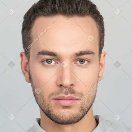 Neutral white young-adult male with short  brown hair and brown eyes