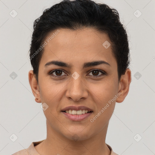 Joyful latino young-adult female with short  brown hair and brown eyes