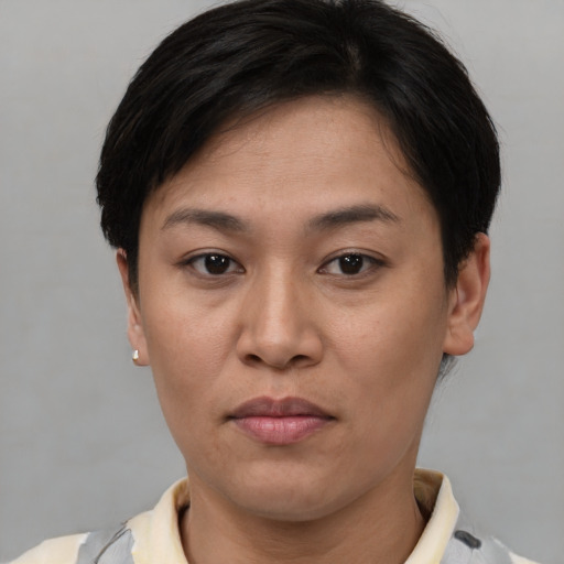 Joyful asian young-adult female with short  brown hair and brown eyes