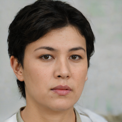 Neutral white young-adult female with medium  brown hair and brown eyes