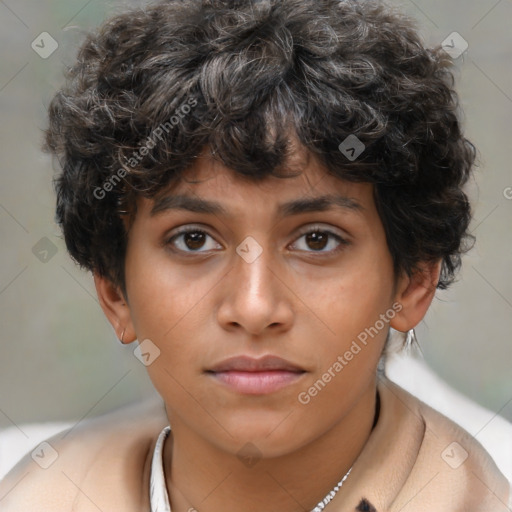 Neutral asian young-adult female with short  brown hair and brown eyes