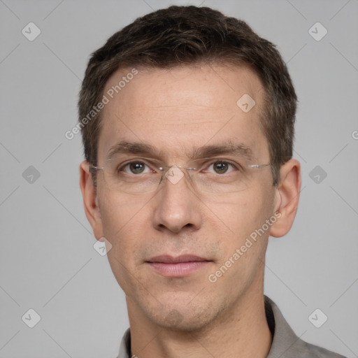 Neutral white adult male with short  brown hair and brown eyes
