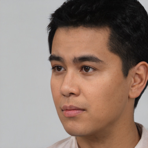 Neutral asian young-adult male with short  black hair and brown eyes