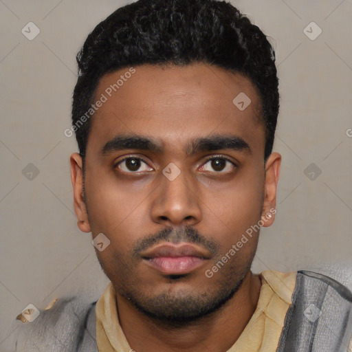 Neutral latino young-adult male with short  black hair and brown eyes