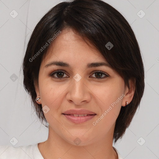 Joyful white young-adult female with medium  brown hair and brown eyes