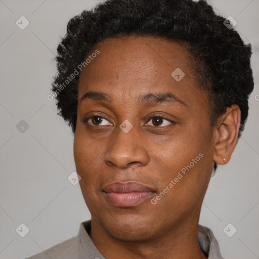 Joyful black adult female with short  brown hair and brown eyes