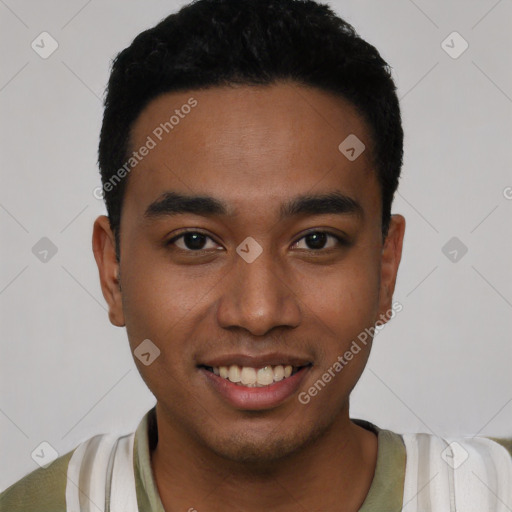 Joyful latino young-adult male with short  black hair and brown eyes