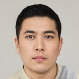 Neutral asian young-adult male with short  black hair and brown eyes