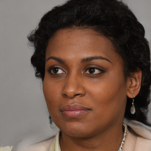 Neutral black young-adult female with short  black hair and brown eyes