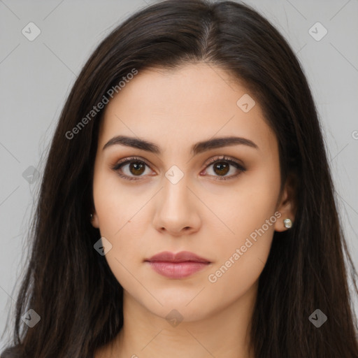 Neutral white young-adult female with long  brown hair and brown eyes