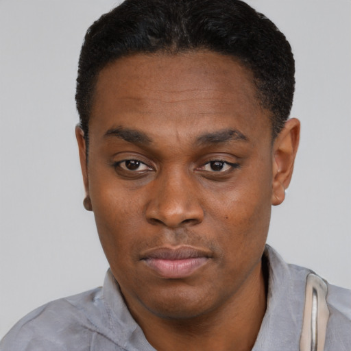 Neutral black young-adult male with short  black hair and brown eyes