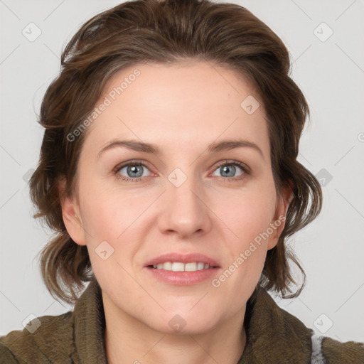 Joyful white young-adult female with medium  brown hair and blue eyes