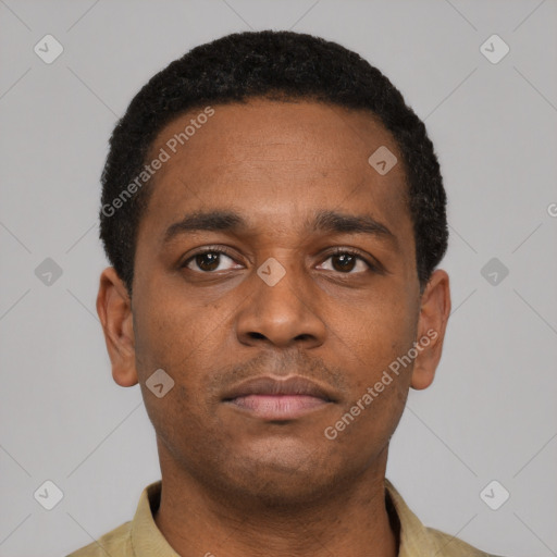 Neutral latino young-adult male with short  black hair and brown eyes
