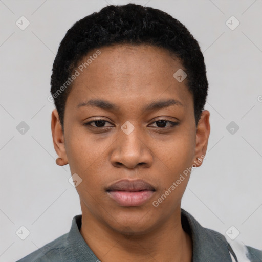 Neutral black young-adult female with short  black hair and brown eyes