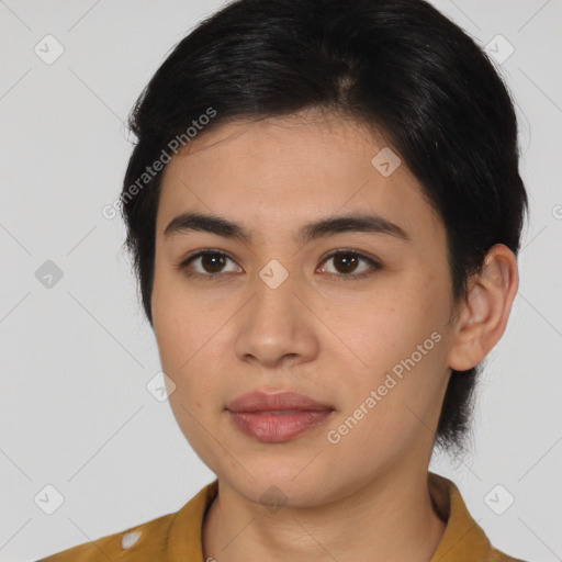 Neutral asian young-adult female with medium  brown hair and brown eyes