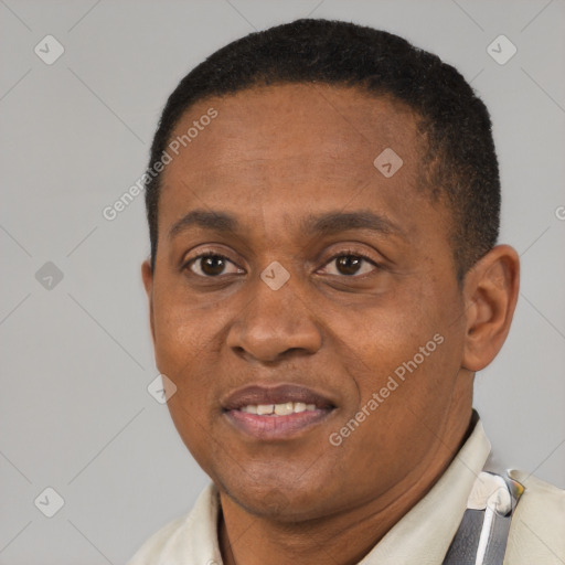 Joyful black adult male with short  black hair and brown eyes