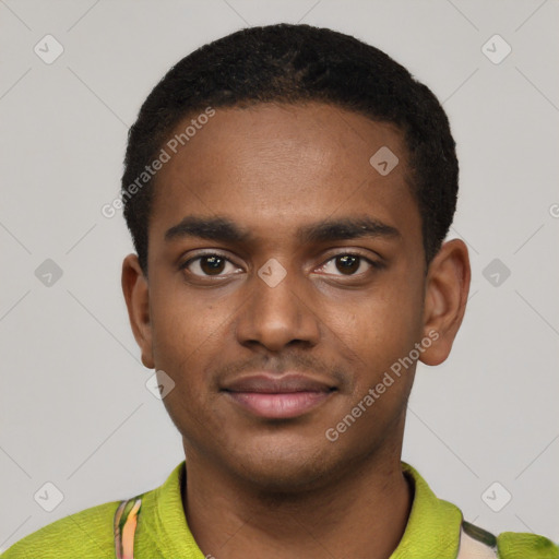Neutral black young-adult male with short  black hair and brown eyes