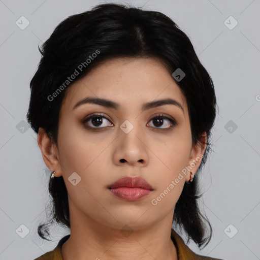 Neutral asian young-adult female with medium  black hair and brown eyes