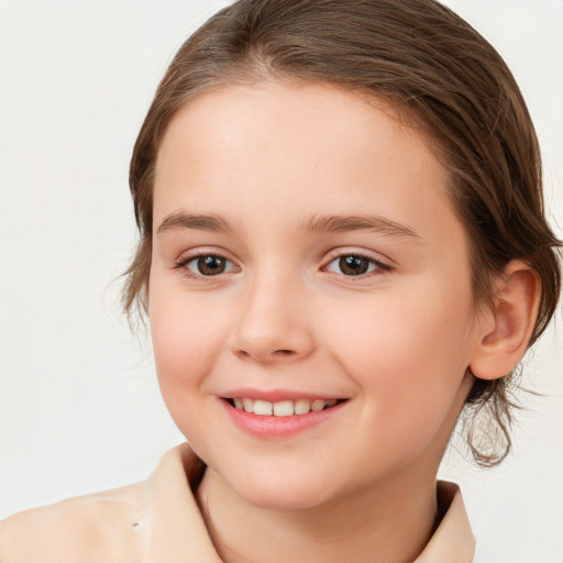 Joyful white child female with medium  brown hair and brown eyes