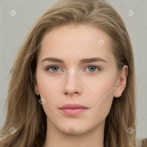 Neutral white young-adult female with long  brown hair and brown eyes