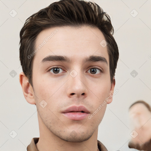 Neutral white young-adult male with short  brown hair and brown eyes