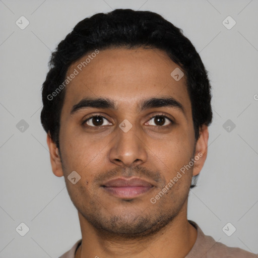 Neutral latino young-adult male with short  black hair and brown eyes