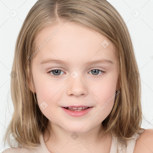 Joyful white child female with medium  brown hair and brown eyes