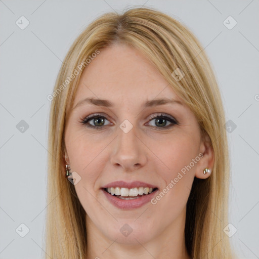 Joyful white young-adult female with long  brown hair and brown eyes