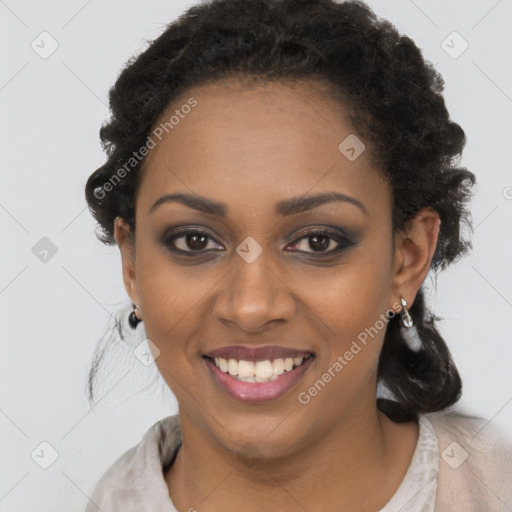 Joyful black young-adult female with medium  black hair and brown eyes